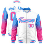 Custom White Powder Blue-Pink Raglan Sleeve Gradient Varsity Full-Zip Letterman Bomber Jacket | BuyFootballJersey