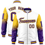 Custom White Gold-Purple Raglan Sleeve Gradient Varsity Full-Zip Letterman Bomber Jacket | BuyFootballJersey