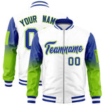 Custom White Royal-Neon Green Raglan Sleeve Gradient Varsity Full-Zip Letterman Bomber Jacket | BuyFootballJersey