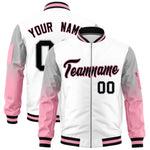 Custom White Silver-Light Pink Raglan Sleeve Gradient Varsity Full-Zip Letterman Bomber Jacket | BuyFootballJersey