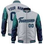 Custom Silver Aqua-Navy Raglan Sleeve Gradient Varsity Full-Zip Letterman Bomber Jacket | BuyFootballJersey