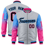Custom Silver Powder Blue-Pink Raglan Sleeve Gradient Varsity Full-Zip Letterman Bomber Jacket | BuyFootballJersey