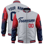 Custom Silver Red-Navy Raglan Sleeve Gradient Varsity Full-Zip Letterman Bomber Jacket | BuyFootballJersey