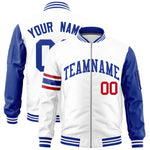 Custom White Royal Varsity Full-Zip Raglan Sleeves Stripe Letterman Bomber Jacket | BuyFootballJersey