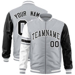 Custom Silver Black-White Varsity Full-Zip Raglan Sleeves Stripe Letterman Bomber Jacket | BuyFootballJersey