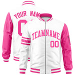 Custom White Pink Varsity Full-Zip Raglan Sleeves Stripe Letterman Bomber Jacket | BuyFootballJersey