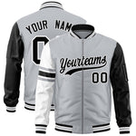Custom Silver Black-White Varsity Full-Zip Raglan Sleeves Stripe Letterman Bomber Jacket | BuyFootballJersey