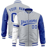 Custom Silver Royal-White Varsity Full-Zip Raglan Sleeves Stripe Letterman Bomber Jacket | BuyFootballJersey