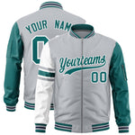 Custom Silver Aqua-White Varsity Full-Zip Raglan Sleeves Stripe Letterman Bomber Jacket | BuyFootballJersey