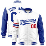 Custom White Royal Varsity Full-Zip Raglan Sleeves Stripe Letterman Bomber Jacket | BuyFootballJersey