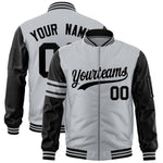 Custom Silver Black Varsity Full-Zip Raglan Sleeves Stripe Letterman Bomber Jacket | BuyFootballJersey