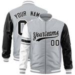 Custom Silver Black-White Varsity Full-Zip Raglan Sleeves Stripe Letterman Bomber Jacket | BuyFootballJersey
