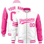 Custom White Pink Varsity Full-Zip Raglan Sleeves Stripe Letterman Bomber Jacket | BuyFootballJersey