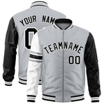 Custom Silver Black-White Varsity Full-Zip Raglan Sleeves Stripe Letterman Bomber Jacket | BuyFootballJersey
