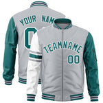 Custom Silver Aqua-White Varsity Full-Zip Raglan Sleeves Stripe Letterman Bomber Jacket | BuyFootballJersey