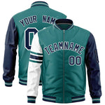 Custom Aqua Navy-White Varsity Full-Zip Raglan Sleeves Stripe Letterman Bomber Jacket | BuyFootballJersey