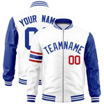 Custom White Royal Varsity Full-Zip Raglan Sleeves Stripe Letterman Bomber Jacket | BuyFootballJersey