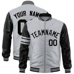 Custom Silver Black Varsity Full-Zip Raglan Sleeves Stripe Letterman Bomber Jacket | BuyFootballJersey