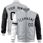 Custom Silver Black-White Varsity Full-Zip Raglan Sleeves Stripe Letterman Bomber Jacket | BuyFootballJersey