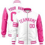Custom White Pink Varsity Full-Zip Raglan Sleeves Stripe Letterman Bomber Jacket | BuyFootballJersey