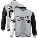 Custom Silver Black-White Varsity Full-Zip Raglan Sleeves Stripe Letterman Bomber Jacket | BuyFootballJersey
