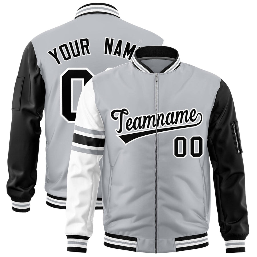 Custom Silver Black-White Varsity Full-Zip Raglan Sleeves Stripe Letterman Bomber Jacket | BuyFootballJersey