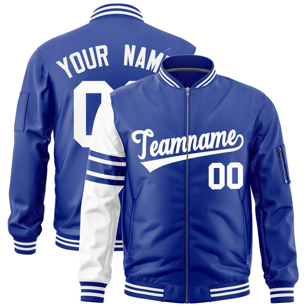 Custom Royal White Varsity Full-Zip Raglan Sleeves Stripe Letterman Bomber Jacket | BuyFootballJersey