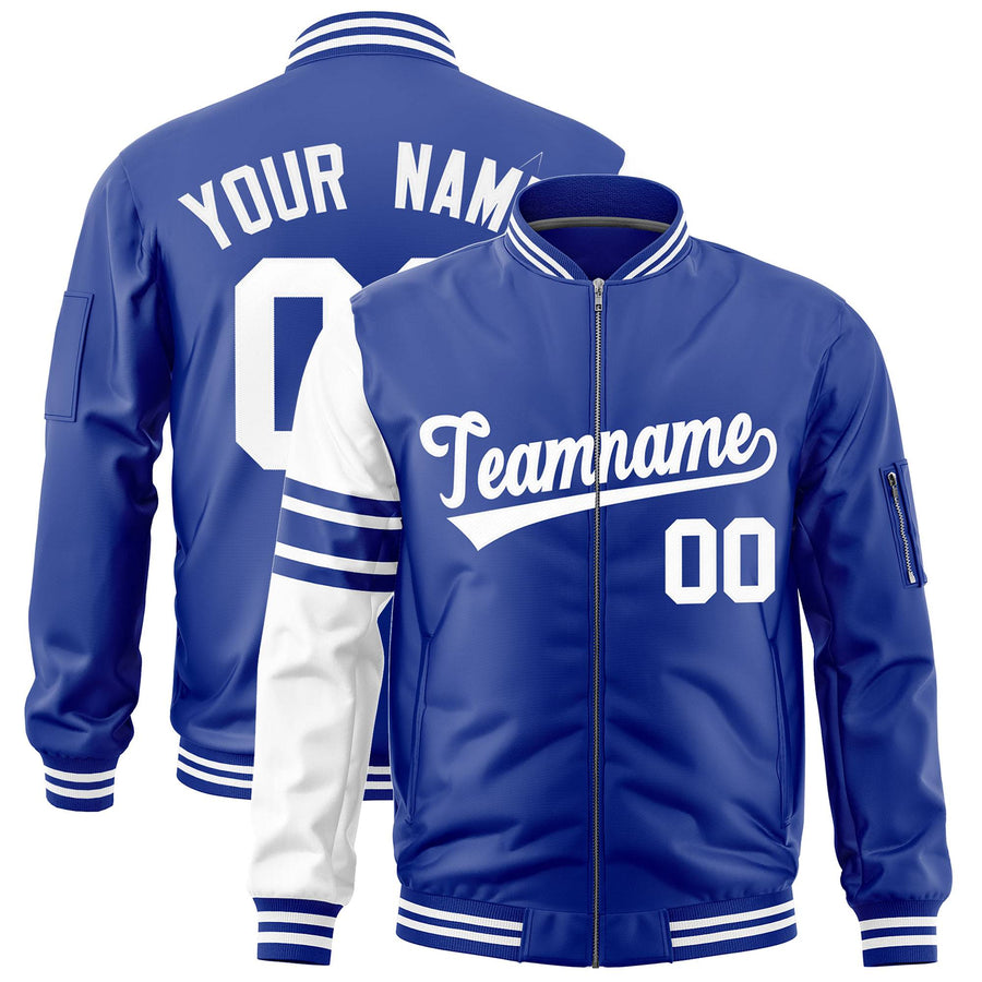 Custom Royal White Varsity Full-Zip Raglan Sleeves Stripe Letterman Bomber Jacket | BuyFootballJersey