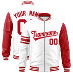 Custom White Red Varsity Full-Zip Raglan Sleeves Stripe Letterman Bomber Jacket | BuyFootballJersey