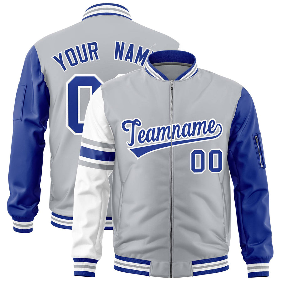 Custom Silver Royal-White Varsity Full-Zip Raglan Sleeves Stripe Letterman Bomber Jacket | BuyFootballJersey