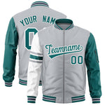 Custom Silver Aqua-White Varsity Full-Zip Raglan Sleeves Stripe Letterman Bomber Jacket | BuyFootballJersey