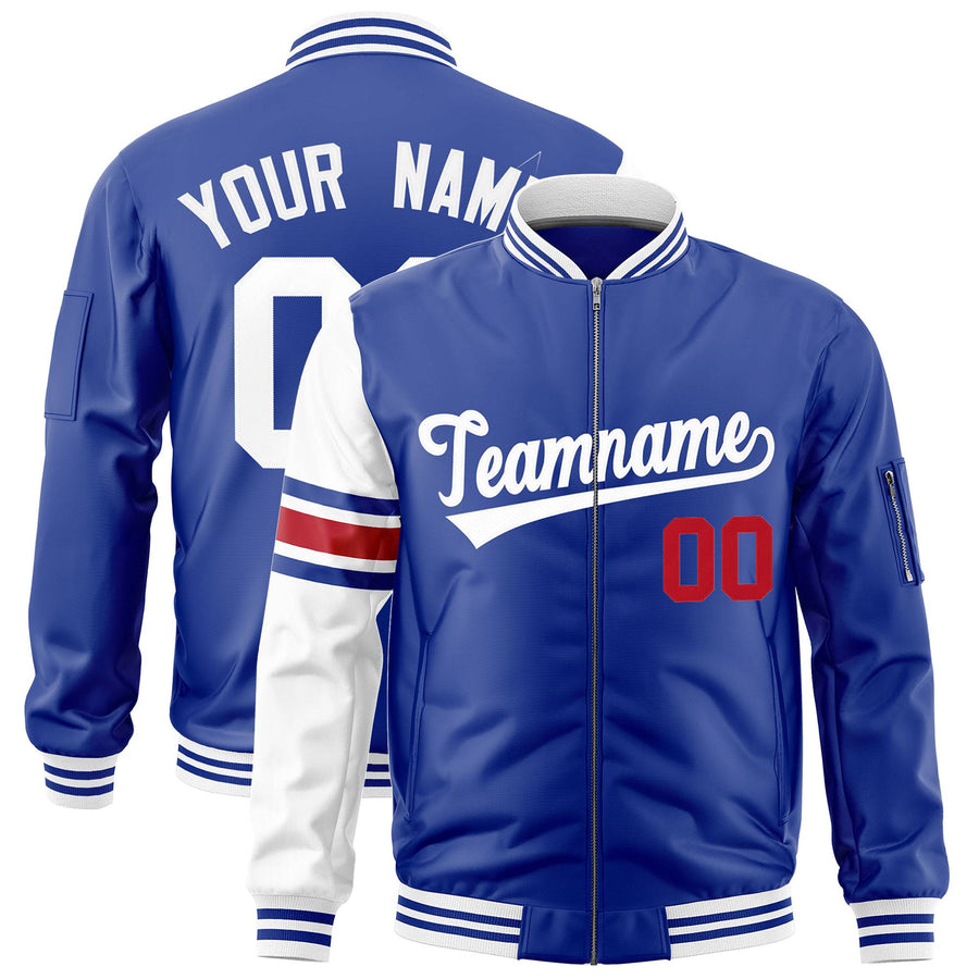 Custom Royal White Varsity Full-Zip Raglan Sleeves Stripe Letterman Bomber Jacket | BuyFootballJersey