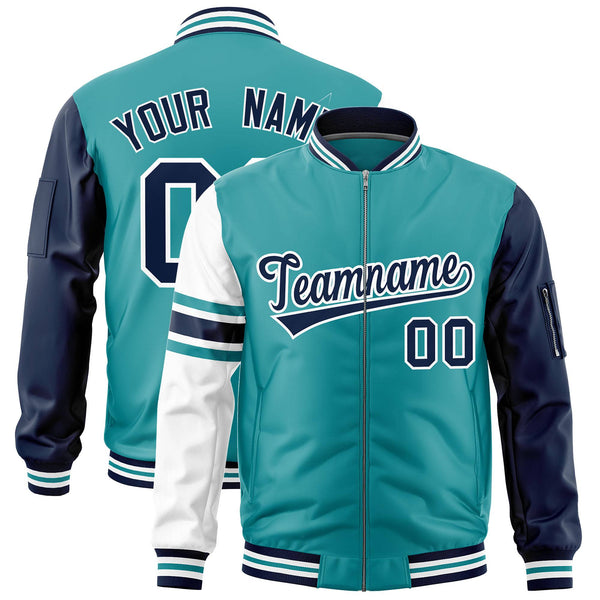Custom Aqua Navy-White Varsity Full-Zip Raglan Sleeves Stripe Letterman Bomber Jacket | BuyFootballJersey