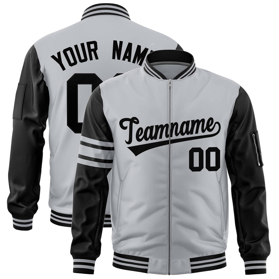 Custom Silver Black Varsity Full-Zip Raglan Sleeves Stripe Letterman Bomber Jacket | BuyFootballJersey
