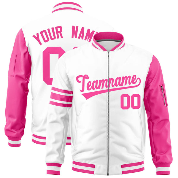 Custom White Pink Varsity Full-Zip Raglan Sleeves Stripe Letterman Bomber Jacket | BuyFootballJersey