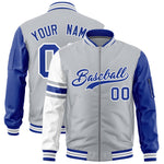 Custom Silver Royal-White Varsity Full-Zip Raglan Sleeves Stripe Letterman Bomber Jacket | BuyFootballJersey