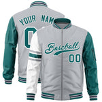 Custom Silver Aqua-White Varsity Full-Zip Raglan Sleeves Stripe Letterman Bomber Jacket | BuyFootballJersey
