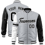 Custom Silver Black-White Varsity Full-Zip Raglan Sleeves Stripe Letterman Bomber Jacket | BuyFootballJersey