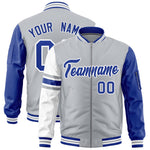 Custom Silver Royal-White Varsity Full-Zip Raglan Sleeves Stripe Letterman Bomber Jacket | BuyFootballJersey