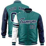 Custom Aqua Navy-White Varsity Full-Zip Raglan Sleeves Stripe Letterman Bomber Jacket | BuyFootballJersey