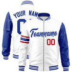 Custom White Royal Varsity Full-Zip Raglan Sleeves Stripe Letterman Bomber Jacket | BuyFootballJersey