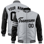 Custom Silver Black Varsity Full-Zip Raglan Sleeves Stripe Letterman Bomber Jacket | BuyFootballJersey