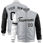 Custom Silver Black-White Varsity Full-Zip Raglan Sleeves Stripe Letterman Bomber Jacket | BuyFootballJersey