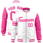 Custom White Pink Varsity Full-Zip Raglan Sleeves Stripe Letterman Bomber Jacket | BuyFootballJersey
