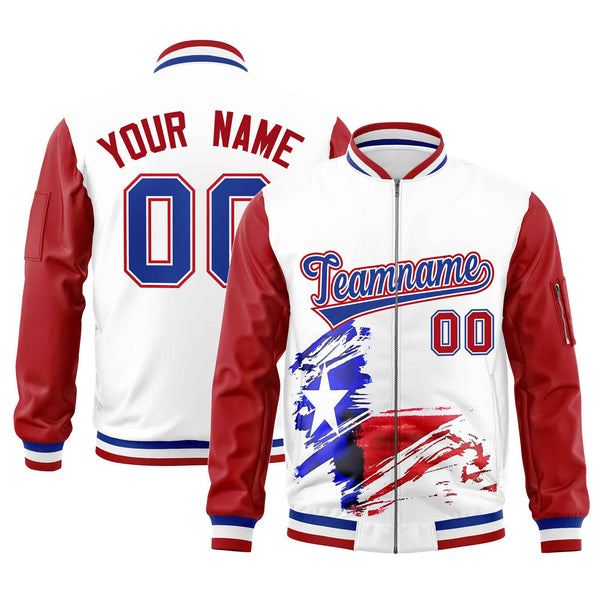 Custom White Red Raglan Sleeves Varsity Full Zip Texas Patterns Letterman Bomber Jacket | BuyFootballJersey