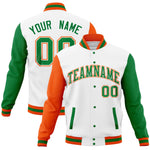 Custom White Kelly Green-Orange Full-Snap Varsity Raglan Sleeves Letterman Baseball Jacket | BuyFootballJersey