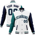 Custom White Navy-Aqua Full-Snap Varsity Raglan Sleeves Letterman Baseball Jacket | BuyFootballJersey