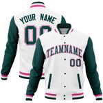 Custom White Midnight Green Full-Snap Varsity Raglan Sleeves Letterman Baseball Jacket | BuyFootballJersey