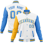 Custom White Powder Blue-Gold Full-Snap Varsity Raglan Sleeves Letterman Baseball Jacket | BuyFootballJersey