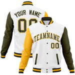 Custom White Olive-Gold Full-Snap Varsity Raglan Sleeves Letterman Baseball Jacket | BuyFootballJersey